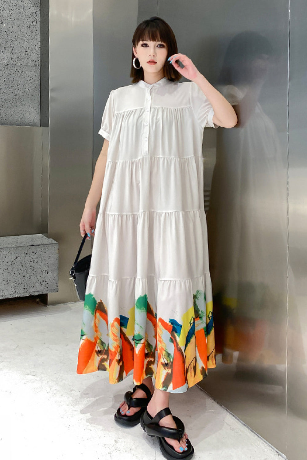 Printed Puff Sleeve Tiered Maxi Shirt Dress