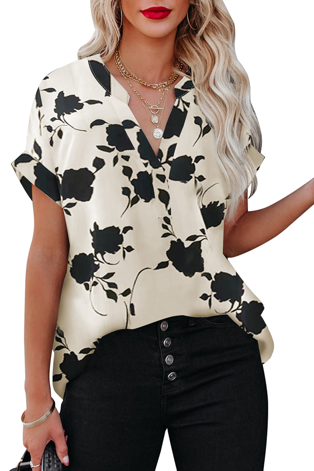 Floral Notched Neck Short Sleeve Blouse